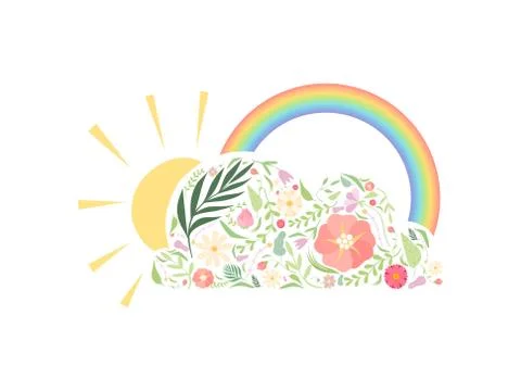 Rainbow, Sun and Cloud Made of Floral Seamless Pattern Vector Illustration Stock Illustration