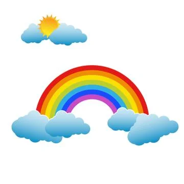 Rainbow with Sun and Clouds on white background Stock Illustration