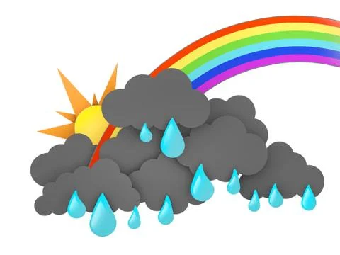 Rainbow, Sun and Rainclouds with drops on white background. 3d illustration Stock Illustration