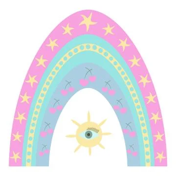 Rainbow, sun, eye and cherry. Vector illustration. Illustrazione stock