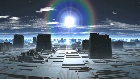 Rainbow Sunrise in the Alien City Stock Footage 88658689