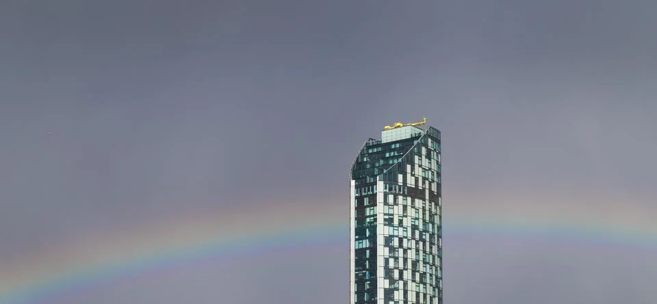 Rainbow through West Tower Stock Photos