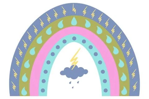 Rainbow, thunderstorm and lightning. Vector illustration. Illustrazione stock