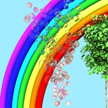 Rainbow, tree and soap bubbles Stock Photos