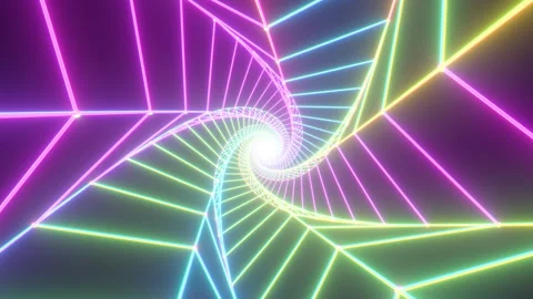 Rainbow Twisted Star Shape Wireframe 3D Neon Glowing Endless Tunnel Stock Footage 309379999