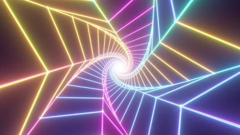 Rainbow Twisted Star Shape Wireframe 3D Neon Glowing Endless Tunnel Stockfoto's