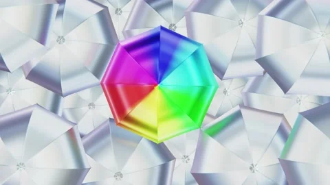 Rainbow umbrella among silver white umbrellas looping 3D animation Video stock 220738034