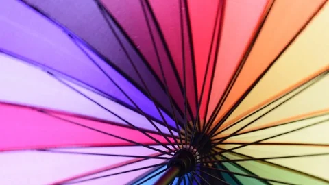 Rainbow umbrella in the rain on a green background Stock Footage 91198168