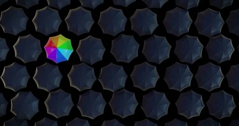 Rainbow Umbrella standing out from the crowd Stock Footage 100391056