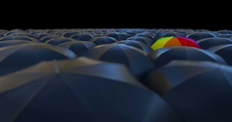 Rainbow Umbrella standing out from the crowd Stock Footage 100398733