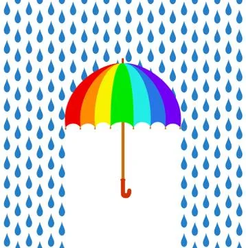 Rainbow umbrella under rain, greeting card, stock vector illustration Stock Illustration