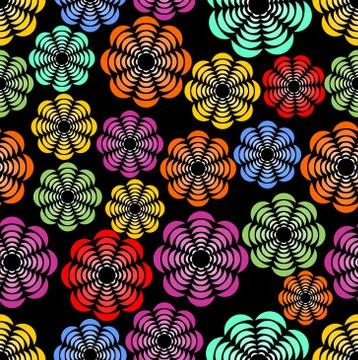 Rainbow uneven distributed abstract flower shapes, seamless patterns on black Stock Illustration