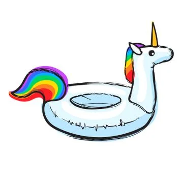 Rainbow Unicorn swim ring. Pool float. Inflatable white unicorn. Swimming circle Stock Illustration