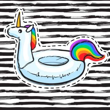 Rainbow Unicorn swim ring. Pool float. Inflatable white unicorn. Swimming circle Stock Illustration
