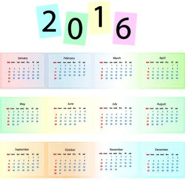 Rainbow vector calendar 2016 Stock Illustration