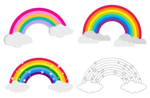 Rainbow vector elements set cartoon illustrations with clouds stars Stock Illustration