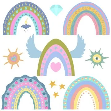 Rainbow. Vector set of illustrations. Boho style. Illustrazione stock