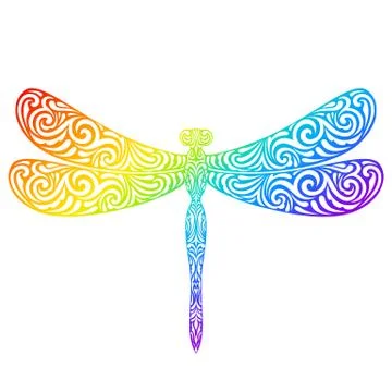 Rainbow vector silhouette of decorative dragonfly on a white background. Illustrazione stock