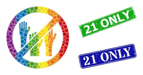 Rainbow vibrant gradiented round dot mosaic stop voting hands, and 21 Only un Stock-Illustration
