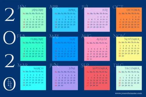 Rainbow wall calendar of 2020 with blocks of months on a dark blue background Stock Illustration