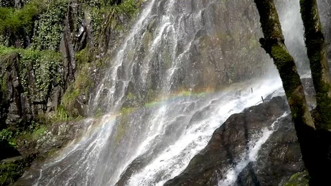 Rainbow in the waterfall on the background of green rocks 動画素材 105899926