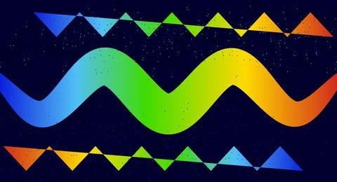 Rainbow wave and triangle pattern on dark blue starry background with sound.. 库存插图