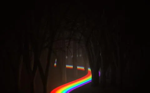 Rainbow way through the dark forest, 3d illustration Stock Illustration