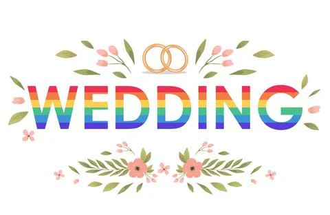 Rainbow wedding word vector flat banner template decorated with marriage rings Stock Illustration