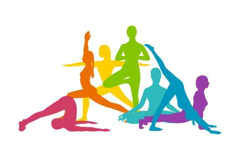 Rainbow yoga asanas. Rainbow colored silhouettes of women practicing yoga Stock Illustration