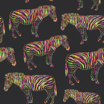 Rainbow Zebra portrait seamless pattern sketch on black background. Vector イラスト素材
