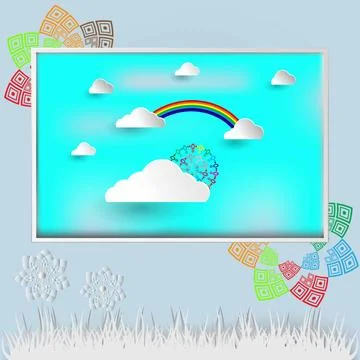 Rainbows and clouds in the sky, Vector paper cut clouds Stock Illustration