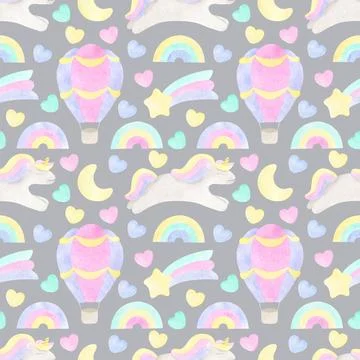 Rainbows and unicorn seamless pattern. Watercolor pastel color rainbow, uni.. Stock Illustration