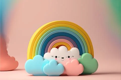 Rainbows, clouds and a smiley face are sitting in a cloud pile Stock Illustration