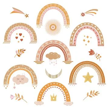 Rainbows clouds flowers boho style clipart, color vector illustration Illustrazione stock
