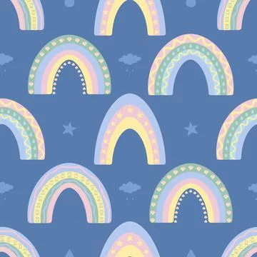 Rainbows. Seamless vector pattern. Isolated blue background. Boho style. Stock Illustration