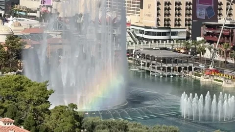 Rainbows shining through the exploding water fountains at the Bellagio Casino Stock Footage 318002600