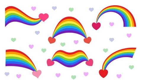 Rainbows vector flat symbols with pink red hearts Stock Illustration