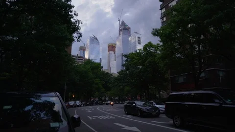 Rainclouds hover over new construction skyscrapers in New York City Stock Footage 92446436