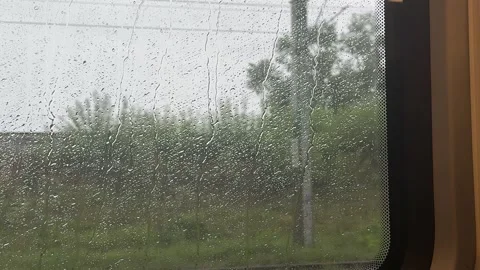 Raindrop covered window view from a speeding train, showing passing green Video stock 337363064