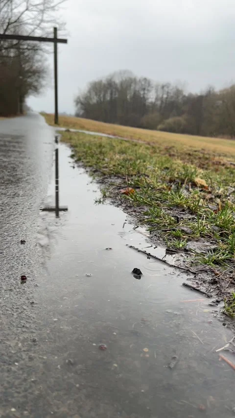 Raindrop hitting puddle on asphalt Stock Footage 305115787