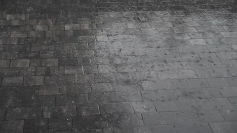Raindrops and icy precipitation fall on wet paving slabs. Hail. Stock Footage 344913537