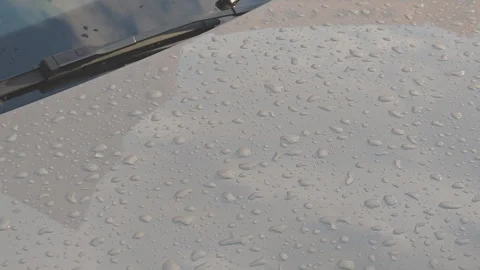 Raindrops beading on the waxed surface of a grey car hood. Windshield wipers Stock Footage 341499352