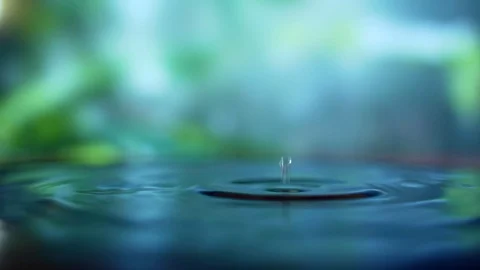 Raindrops break into a puddle. water drop on nature background.  Stock Footage