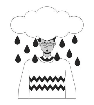 Raindrops cloud above arab man head black and white 2D line cartoon character Ilustração Stock