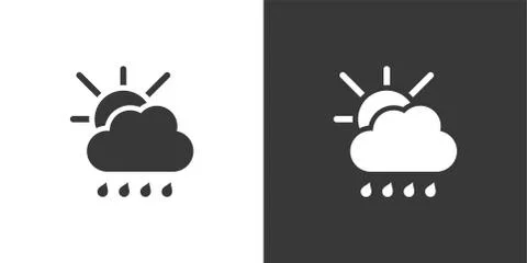 Raindrops, cloud and sun. Isolated icon on black and white background. Weathe Stock Illustration