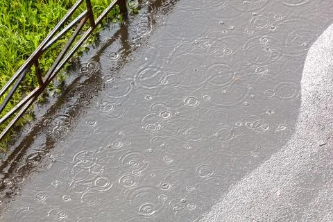 Raindrops create ripples on wet pavement Stock Photos