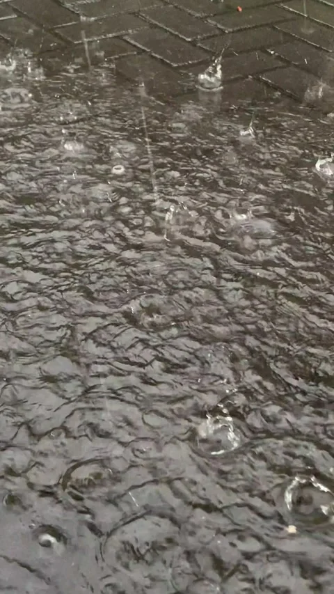 Raindrops create small ripples and circular water pattern on paved surfaces Stock Footage 296717809