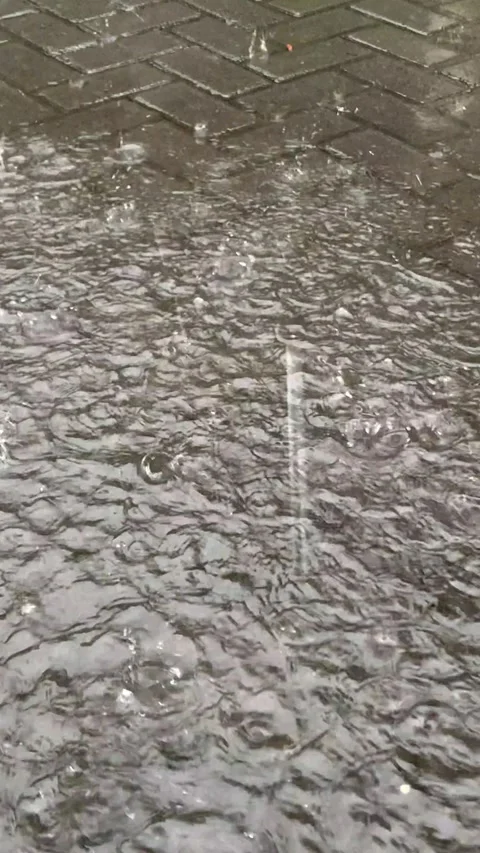 Raindrops create small ripples and circular water pattern on paved surfaces Stock Footage 296717810