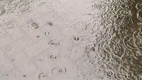 Raindrops create small ripples and circular water pattern on paved surfaces Stock Footage 296718231