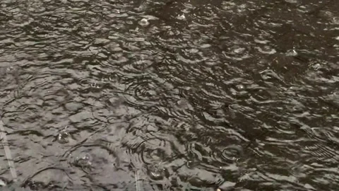 Raindrops create small ripples and circular water pattern on paved surfaces Stock Footage 296718257